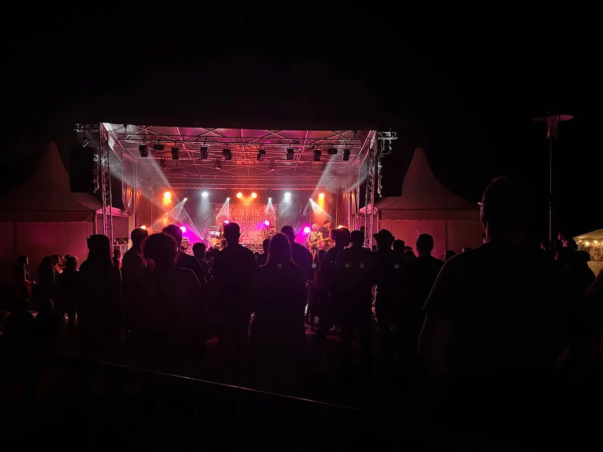 Éclairage scénique d'un concert de festival en plein air en Auvergne, public devant la scène